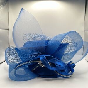 Susanna Elegant Blue Church, Derby Hat with Meshing and Rhinestone Accents